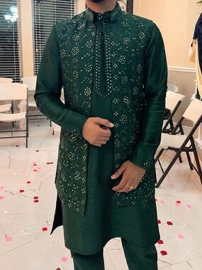 Embroidered Forest Green Men's Kurta Jacket Set
